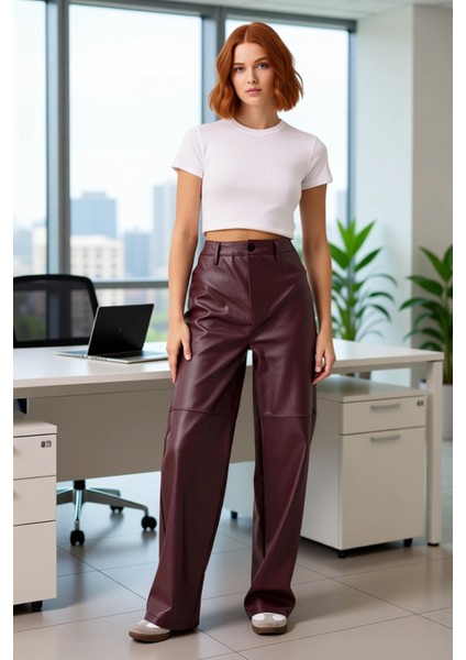 Kadın Suni Deri Geniş Paça Pantolon Fonksiyonel Dayanıklı Kaliteli Konforlu Estetik Modern fiyatları