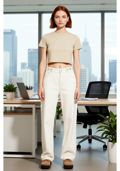 Kadın Yüksek Bel Düz Kesim Denim Pantolon Fonksiyonel Dayanıklı Kaliteli Konforlu Estetik Şık