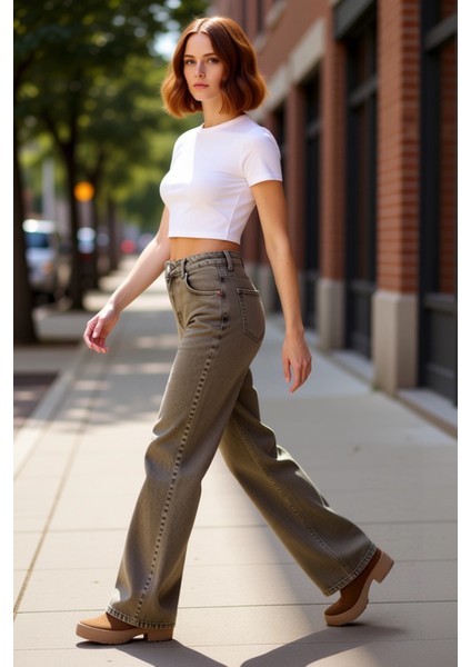Kadın Haki Vintage Yıkama Geniş Paça Jean Pantolon Fonksiyonel Dayanıklı Kaliteli Konforlu