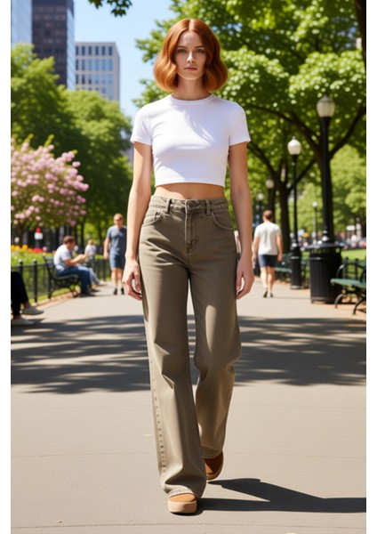 Kadın Haki Vintage Yıkama Geniş Paça Jean Pantolon Fonksiyonel Dayanıklı Kaliteli Konforlu modelleri