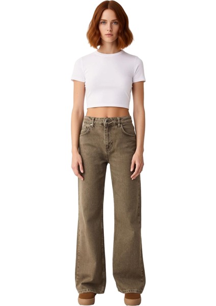 Kadın Haki Vintage Yıkama Geniş Paça Jean Pantolon Fonksiyonel Dayanıklı Kaliteli Konforlu fırsatları