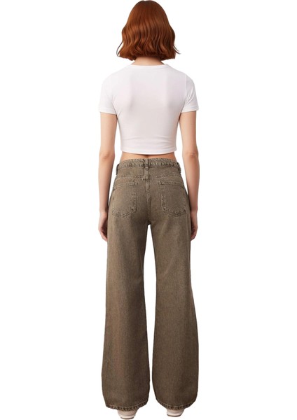 Kadın Haki Vintage Yıkama Geniş Paça Jean Pantolon Fonksiyonel Dayanıklı Kaliteli Konforlu indirimleri