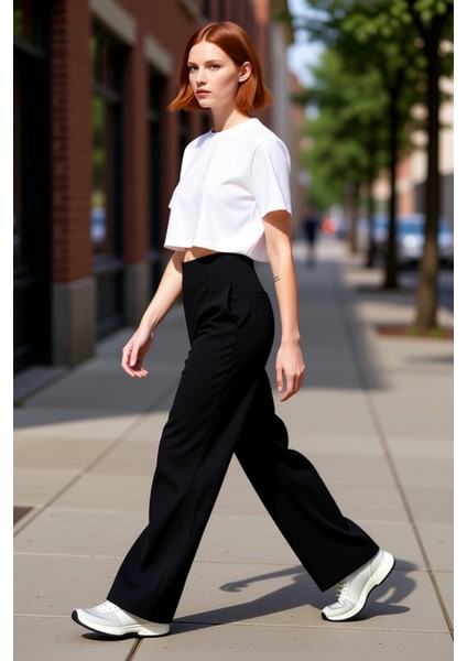 Kadın Geniş Paça Yüksek Bel Pantolon Modern Kesim Fonksiyonel Dayanıklı Kaliteli Konforlu Şık