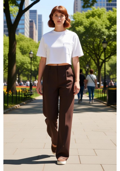 Kadın Düz Desenli Geniş Paça Koyu Kahve Pantolon Fonksiyonel Dayanıklı Kaliteli Konforlu Şık fiyatları