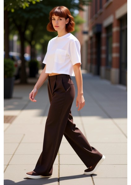 Kadın Düz Desenli Geniş Paça Koyu Kahve Pantolon Fonksiyonel Dayanıklı Kaliteli Konforlu Şık modelleri