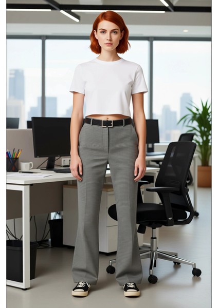 Kadın Çok Renkli Ekose Desenli Yüksek Bel Flare Pantolon Fonksiyonel Dayanıklı Kaliteli Şık