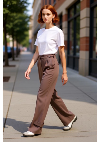 Kadın Vizon Tokalı Geniş Paça Pantolon Fonksiyonel Dayanıklı Kaliteli Konforlu Estetik Şık