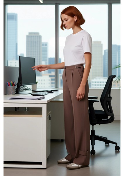 Kadın Vizon Tokalı Geniş Paça Pantolon Fonksiyonel Dayanıklı Kaliteli Konforlu Estetik Şık fiyatları