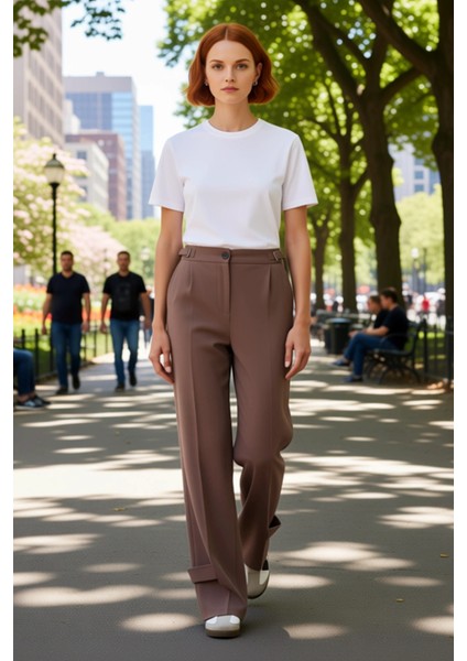 Kadın Vizon Tokalı Geniş Paça Pantolon Fonksiyonel Dayanıklı Kaliteli Konforlu Estetik Şık modelleri