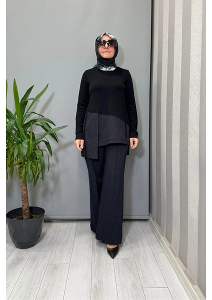 Triko Denim Detaylı Tunik ve Boru Paça Pantolon Takım Siyah T25PF-6018 (7008)