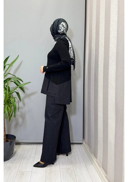 Triko Denim Detaylı Tunik ve Boru Paça Pantolon Takım Siyah T25PF-6018 (7008) fiyatları