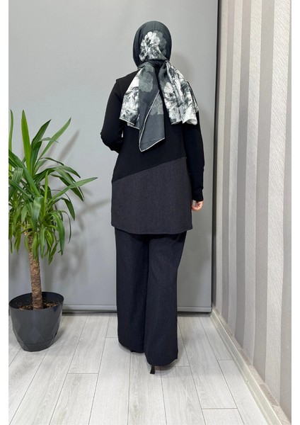 Triko Denim Detaylı Tunik ve Boru Paça Pantolon Takım Siyah T25PF-6018 (7008) modelleri