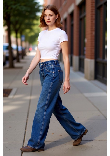 Kadın Geniş Paça Denim Pantolon Fonksiyonel Dayanıklı Kaliteli Konforlu Estetik Premium Şık