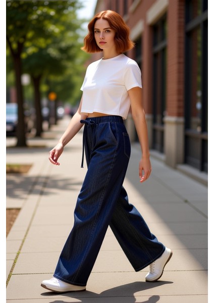 Kadın Koyu Yüksek Bel Bol Paça Denim Pantolon Fonksiyonel Dayanıklı Kaliteli Konforlu Spor