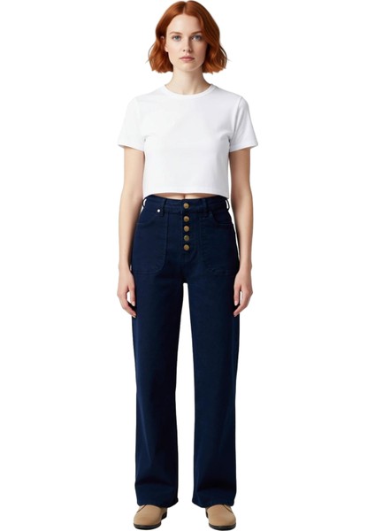 Kadın Geniş Paça Düğmeli Yüksek Bel Jean Pantolon Fonksiyonel Dayanıklı Kaliteli Konforlu Şık fırsatları