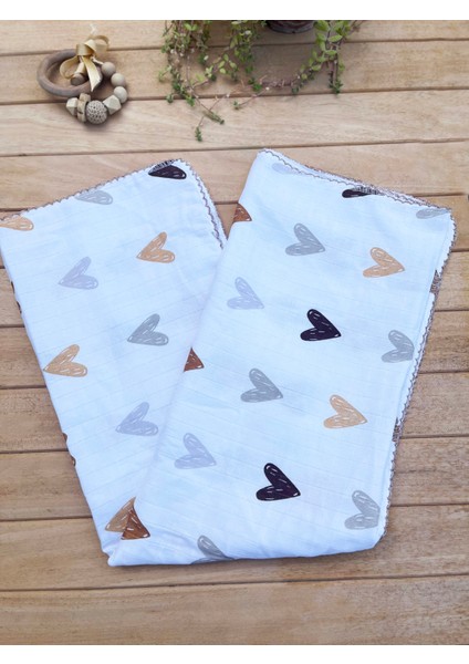 Tek Kat Kalp Desenli %100 Pamuk Müslin Battaniye ve Örtü 85X80 cm