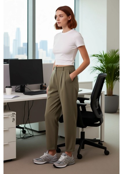 Kadın Haki Pilili Duble Paça Şalvar Kesim Pantolon Fonksiyonel Dayanıklı Kaliteli Konforlu