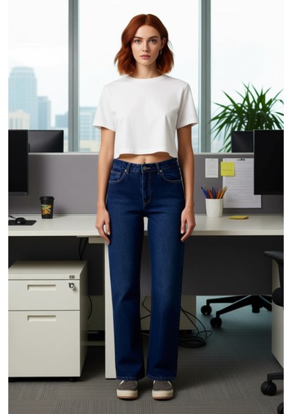 Kadın Yüksek Bel Straight Denim Pantolon Fonksiyonel Dayanıklı Kaliteli Konforlu Estetik Şık fiyatları