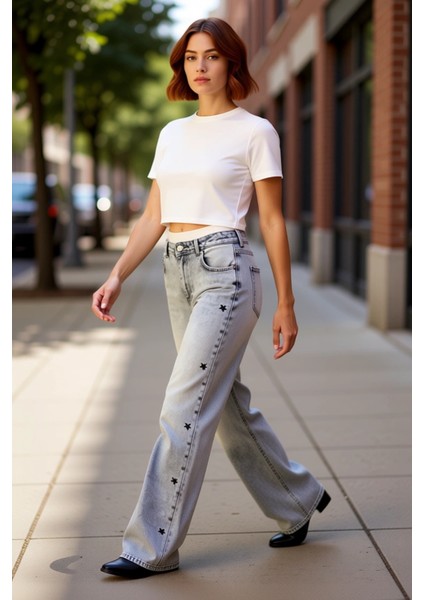 Kadın Yıldız Detaylı Wide Leg Jean Pantolon Fonksiyonel Dayanıklı Kaliteli Konforlu Modern