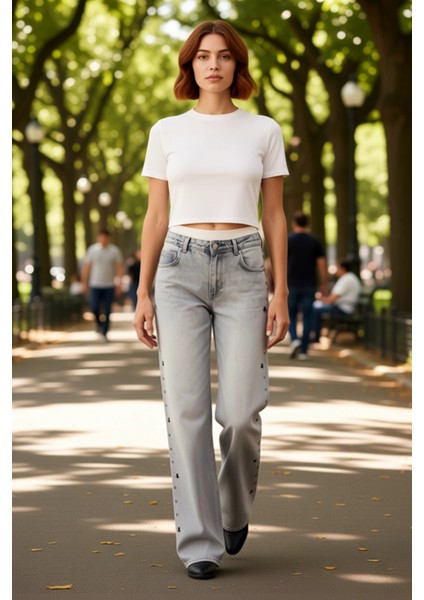 Kadın Yıldız Detaylı Wide Leg Jean Pantolon Fonksiyonel Dayanıklı Kaliteli Konforlu Modern modelleri