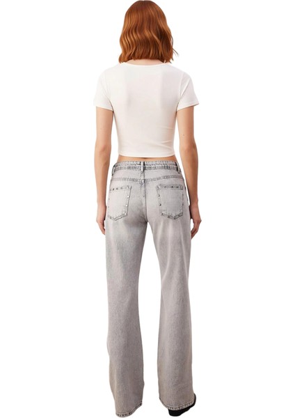 Kadın Yıldız Detaylı Wide Leg Jean Pantolon Fonksiyonel Dayanıklı Kaliteli Konforlu Modern indirimleri