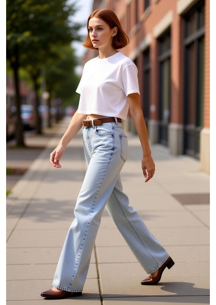 Kadın Açık Yüksek Bel Geniş Paça Kot Pantolon Fonksiyonel Dayanıklı Kaliteli Konforlu Spor