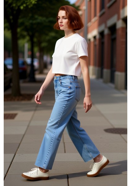 Kadın Kesik Paça Straight Fit Denim Pantolon Fonksiyonel Dayanıklı Kaliteli Konforlu Rahat