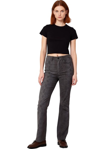 Kadın Yılan Desenli Flare Jean Pantolon Normal Bel Esnek Kumaş Fonksiyonel Dayanıklı Rahat fırsatları