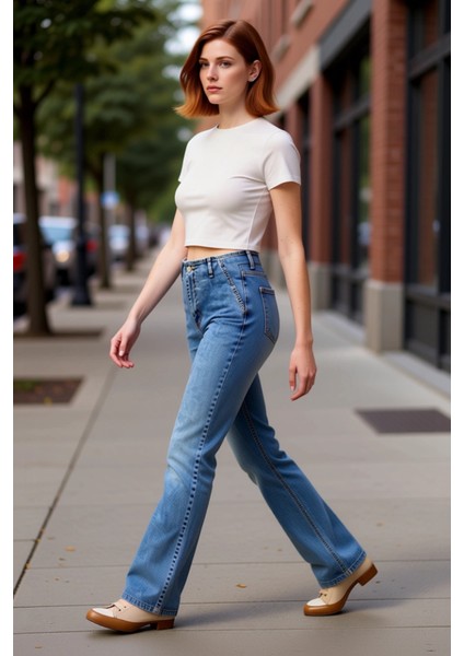 Kadın Yüksek Bel Flare Paça Denim Pantolon Fonksiyonel Dayanıklı Kaliteli Konforlu Estetik