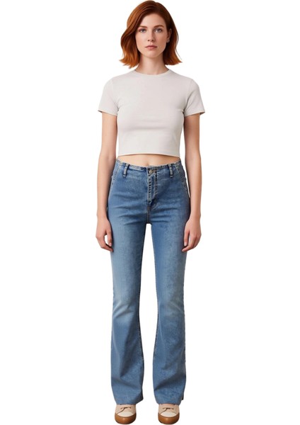 Kadın Yüksek Bel Flare Paça Denim Pantolon Fonksiyonel Dayanıklı Kaliteli Konforlu Estetik fırsatları