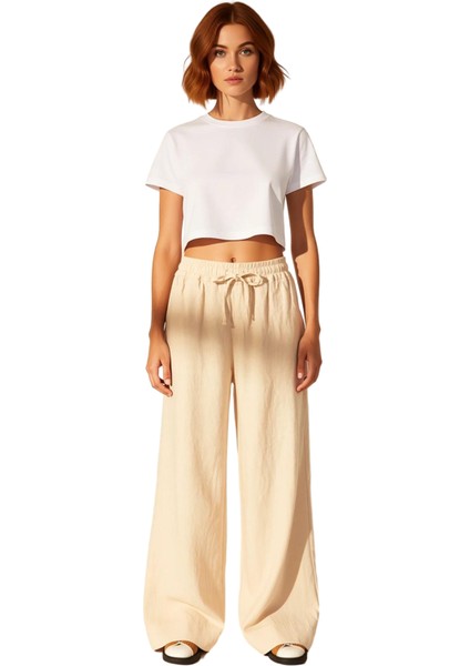 Kadın Yüksek Bel Geniş Paça Keten Pantolon Fonksiyonel Dayanıklı Kaliteli Konforlu Estetik