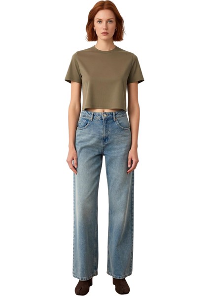 Kadın Yüksek Bel Geniş Paça Denim Pantolon Fonksiyonel Dayanıklı Kaliteli Konforlu Estetik