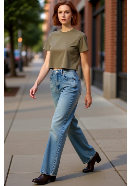 Kadın Yüksek Bel Geniş Paça Denim Pantolon Fonksiyonel Dayanıklı Kaliteli Konforlu Estetik indirimleri