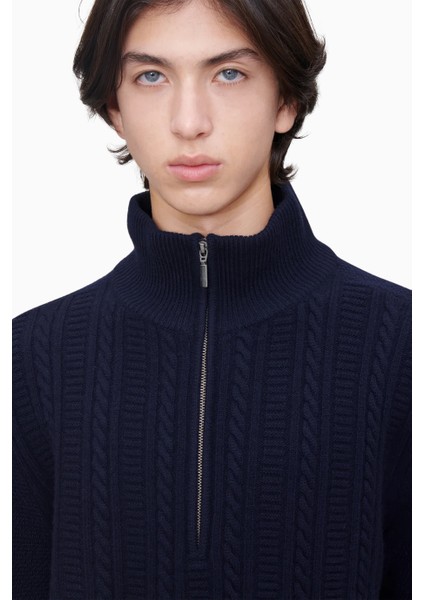 Theo Jumper Yüksek Yakalı, Örgü Detaylı %100 Yün Erkek Kazak fırsatları