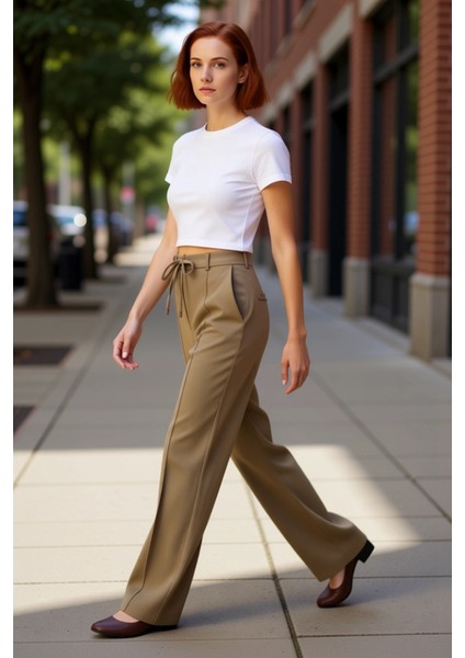 Kadın Yüksek Bel Geniş Paça Pantolon Fonksiyonel Dayanıklı Kaliteli Konforlu Estetik Rahat