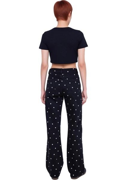 Kadin Çiçek Desenli Geniş Paça Denim Pantolon Fonksiyonel Dayanıklı Kaliteli Konforlu Spor indirimleri