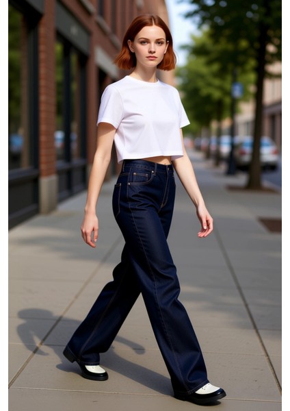 Kadın Koyu Yüksek Bel Geniş Paça Denim Pantolon Fonksiyonel Dayanıklı Kaliteli Konforlu Şık