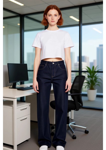 Kadın Koyu Yüksek Bel Geniş Paça Denim Pantolon Fonksiyonel Dayanıklı Kaliteli Konforlu Şık fiyatları