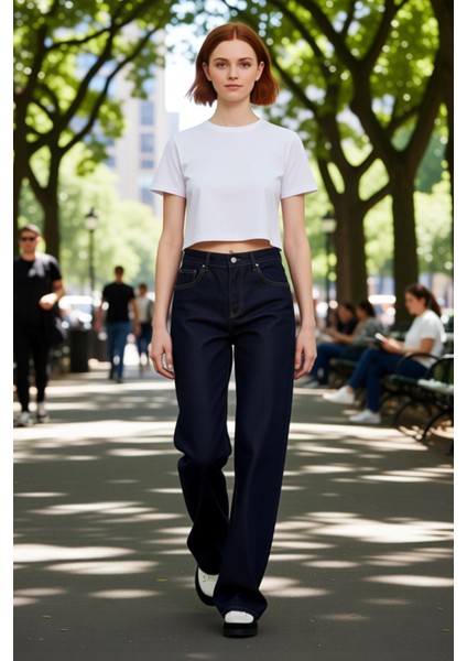 Kadın Koyu Yüksek Bel Geniş Paça Denim Pantolon Fonksiyonel Dayanıklı Kaliteli Konforlu Şık modelleri