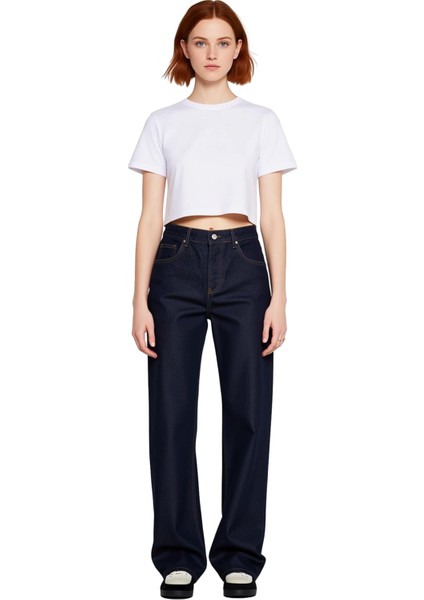 Kadın Koyu Yüksek Bel Geniş Paça Denim Pantolon Fonksiyonel Dayanıklı Kaliteli Konforlu Şık fırsatları