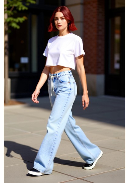 Kadın Açık Rejeneratif Pamuk Beli Bağlamalı Wide Leg Jean Fonksiyonel Dayanıklı Kaliteli Şık