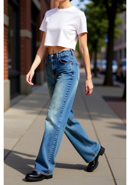 Kadın Geniş Paça Yüksek Bel Jean Pantolon Fonksiyonel Dayanıklı Kaliteli Konforlu Estetik Şık