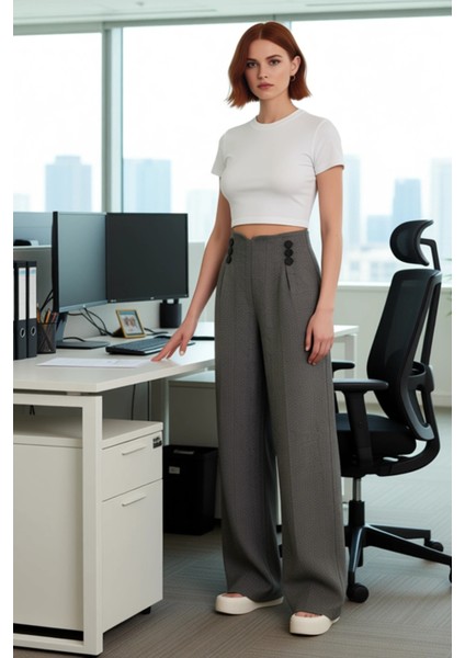 Kadın Kırçıllı Düğmeli Wide Leg Dokuma Pantolon Fonksiyonel Dayanıklı Kaliteli Konforlu Şık