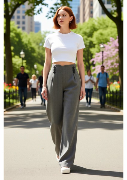 Kadın Kırçıllı Düğmeli Wide Leg Dokuma Pantolon Fonksiyonel Dayanıklı Kaliteli Konforlu Şık fiyatları