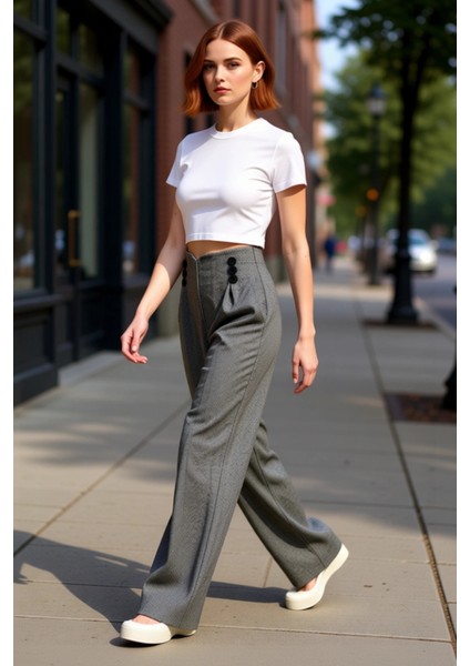 Kadın Kırçıllı Düğmeli Wide Leg Dokuma Pantolon Fonksiyonel Dayanıklı Kaliteli Konforlu Şık modelleri