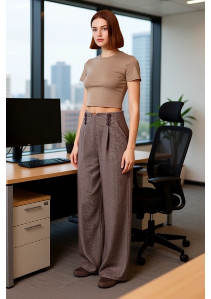 Kadın Kırçıllı Düğmeli Wide Leg Dokuma Pantolon Fonksiyonel Dayanıklı Kaliteli Konforlu Şık