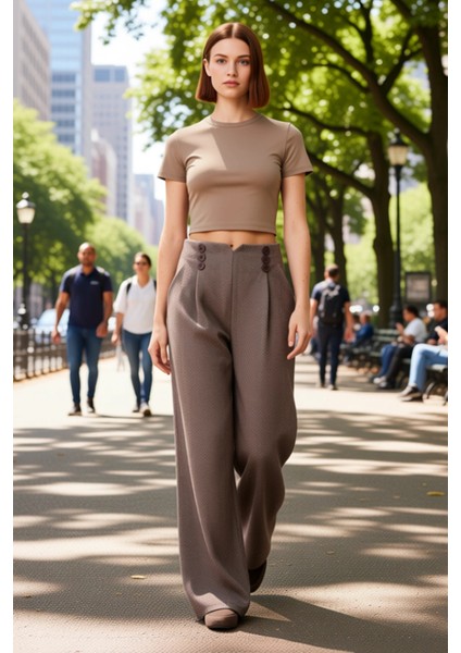 Kadın Kırçıllı Düğmeli Wide Leg Dokuma Pantolon Fonksiyonel Dayanıklı Kaliteli Konforlu Şık fiyatları