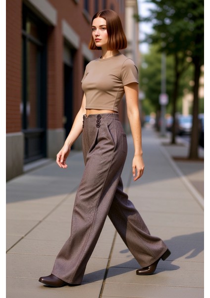 Kadın Kırçıllı Düğmeli Wide Leg Dokuma Pantolon Fonksiyonel Dayanıklı Kaliteli Konforlu Şık modelleri