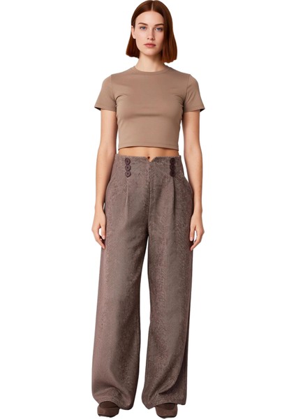 Kadın Kırçıllı Düğmeli Wide Leg Dokuma Pantolon Fonksiyonel Dayanıklı Kaliteli Konforlu Şık fırsatları