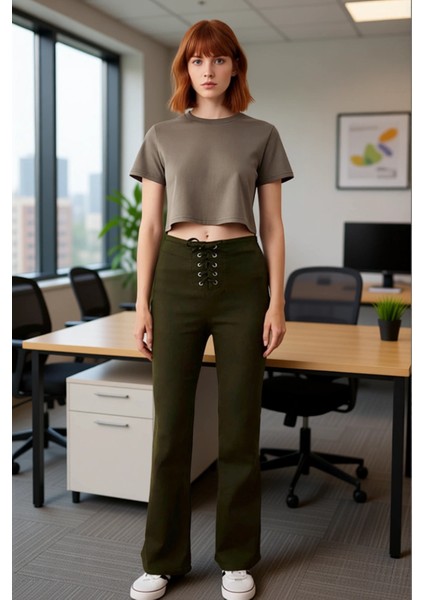 Kadın Haki Gabardin Bağcıklı Flare Pantolon Fonksiyonel Dayanıklı Kaliteli Konforlu Modern fiyatları